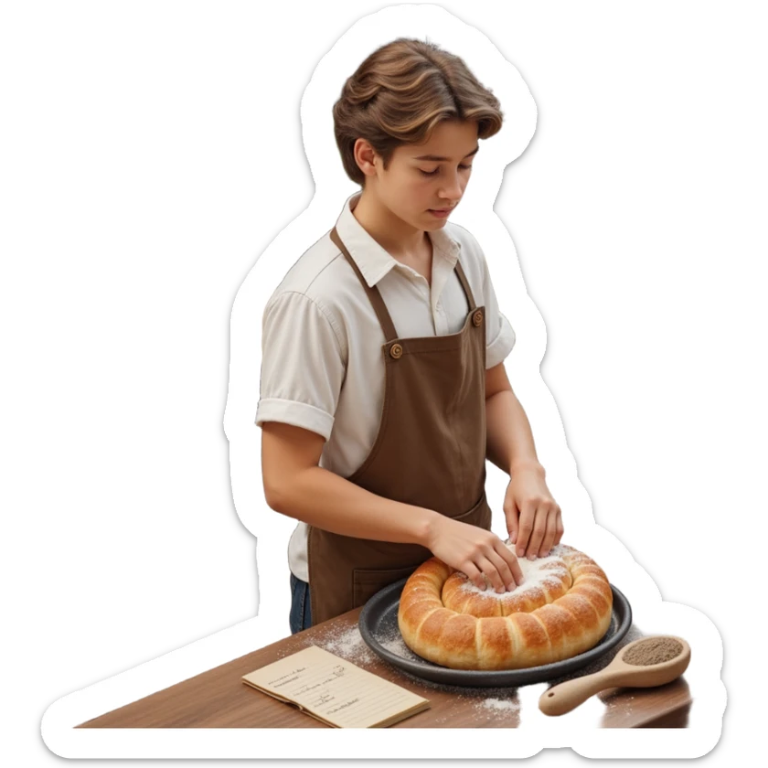 A young apprentice baker in a cozy, old-fashioned bakery. Surrounded by wooden countertops, cast iron baking trays, and a stone oven. His apron is dusted with flour, and analog timers tick beside handwritten recipe cards. The scene is textured with aged wood, metal, and soft fabric. sticker