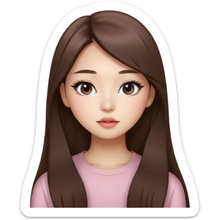 “korean straight long brown hair Emoji girl, soft eyeliner and blush, gradient lips, light brown shimmer eyeshadow sticker