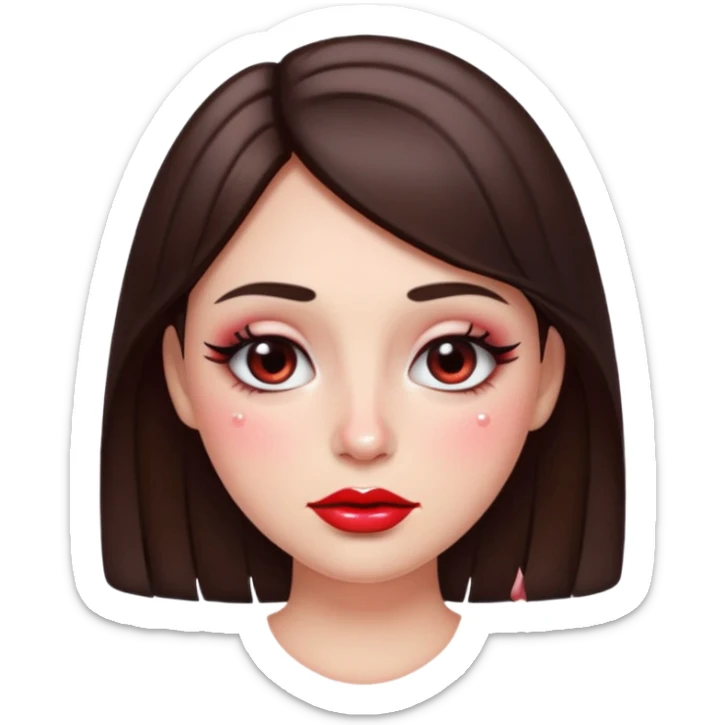 “Emoji brunette girl, dewy skin, heavy blush across cheeks and nose bridge, glossy cherry lips, soft eyeliner, teary sparkling eyes sticker