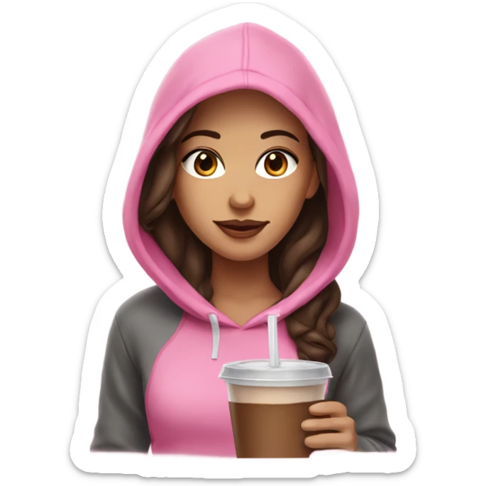 white girl with dark brown hair in a pink hoodie with iced coffee sticker