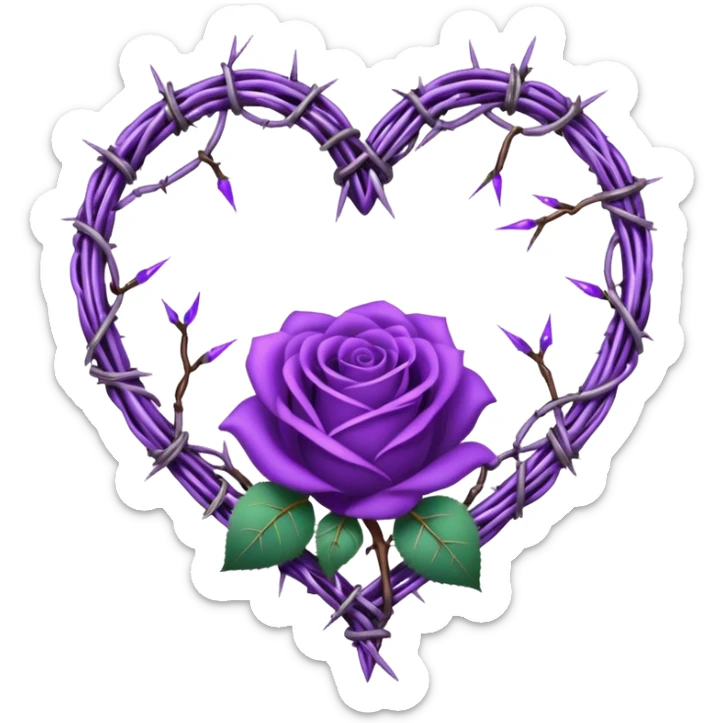 heart shape made out of barb wire vines with purple roses border with crystals hanging  sticker