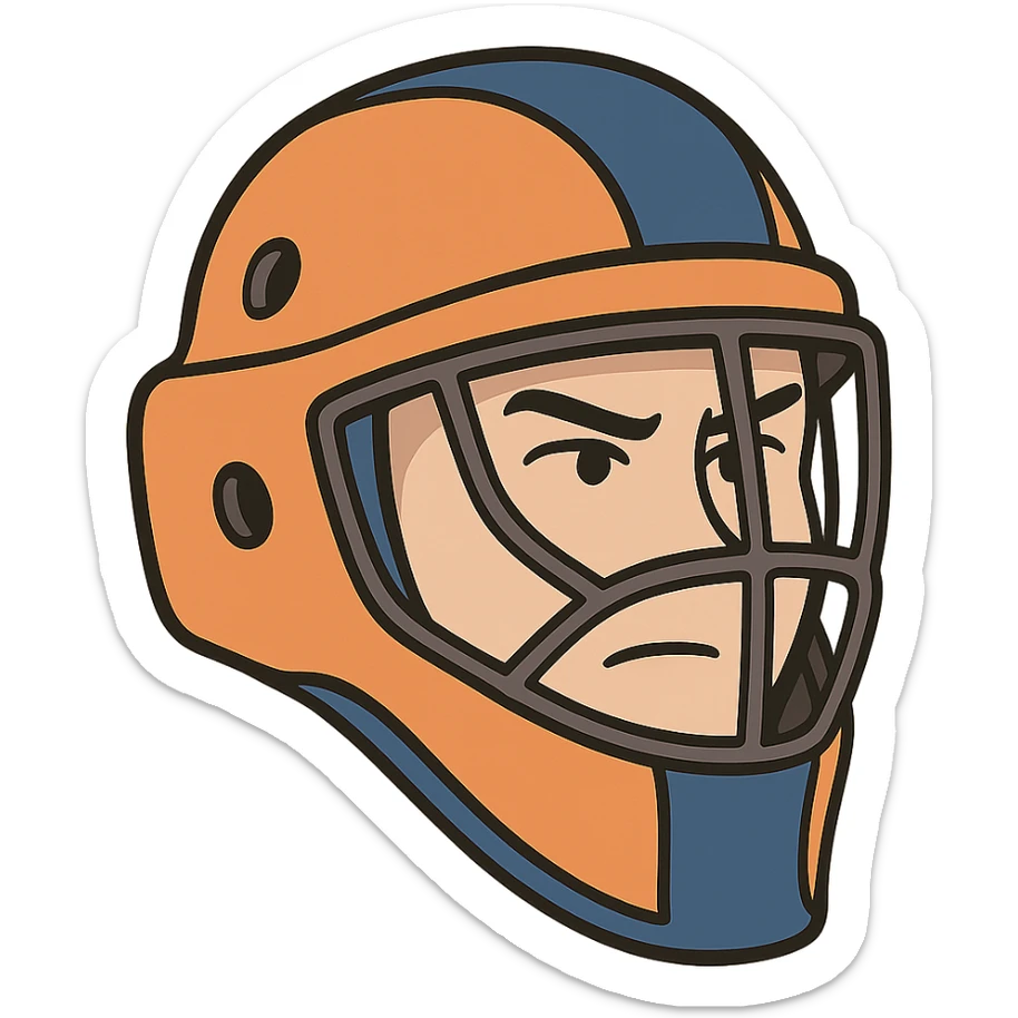 stylized field hockey goalie helmet, orange base with royal blue details, minimal design, flat illustration style sticker