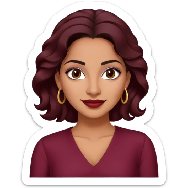 Puerto Rican actress Lynette Torres, woman with warm brown skin, attractive elegant features, expressive dark eyes, well-defined eyebrows, straight nose, friendly smile, long dark wavy hair, wearing a fashionable burgundy top sticker