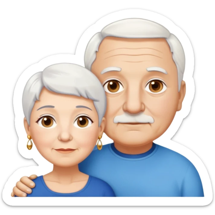 Una abuela italiana blanca con ojos marrones, cabello corto blanco y aretes de oro, junto a su esposo abuelo de piel blanca italiano un poco gordo con pelo blanco corto y ojos azules  sticker