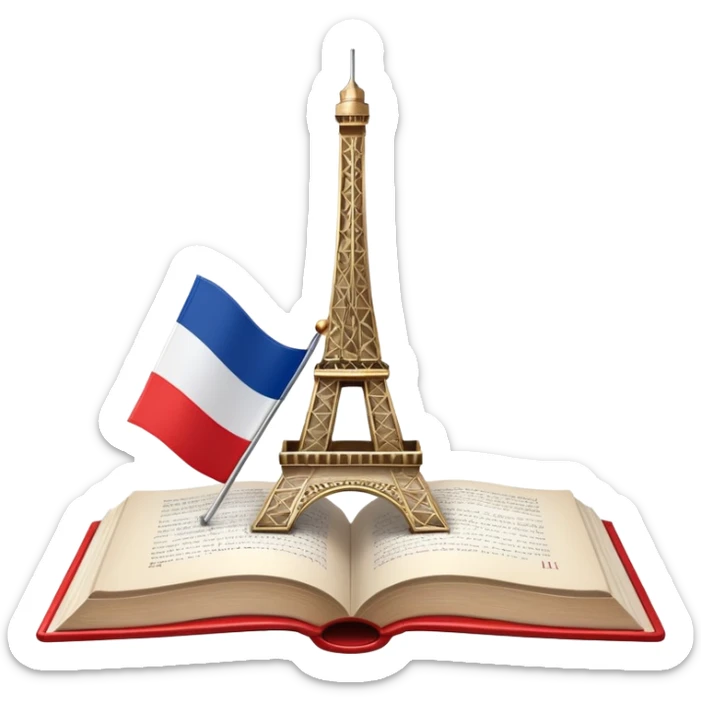 An icon featuring the flag of France, symbolizing the French language. The design includes an open book and the Eiffel Tower behind, representing language learning and cultural elegance. Transparent background highlights the beauty of French heritage. sticker