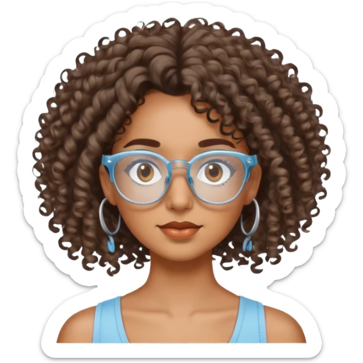 Chica morena cabello crespo con lentes transparentes y ojos cafés y blusa  de tiras color azul claro. sticker