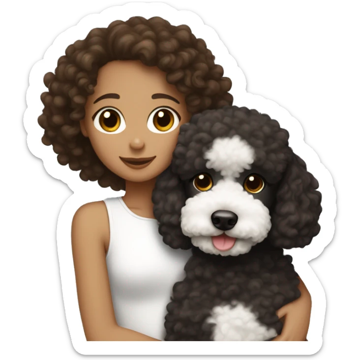 Tan girl with brown curly hair and brown eyes hugging a black and white poodle sticker