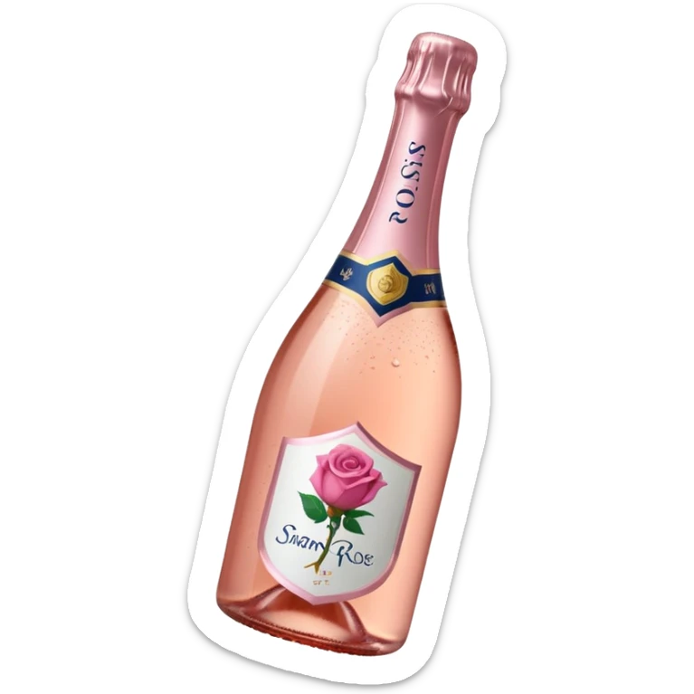bottle of sparkling rosé with a rose logo on the label, angled to the left, no glass sticker