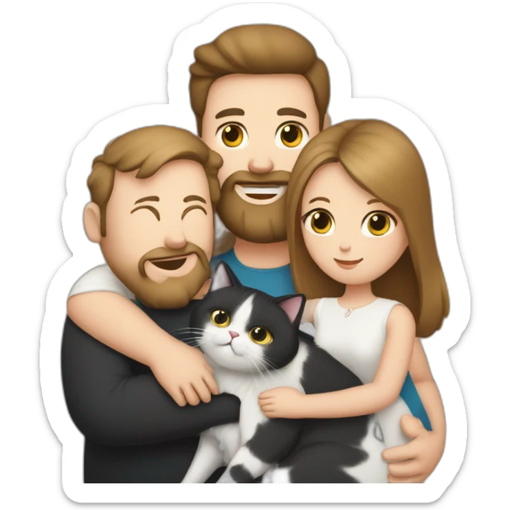 Family photo a fat husband with a beard is holding a white cat and wife with straight hair is holding a black cat sticker