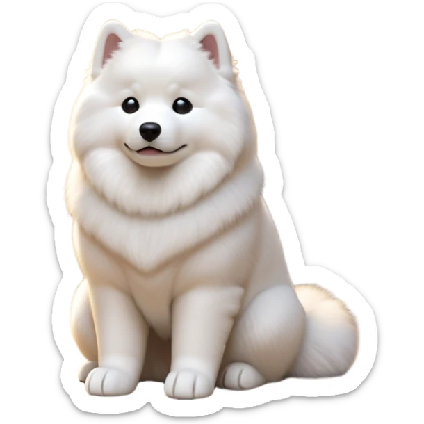 cinematic-[samoyed]-realistic-full-body-sitting-emoji,-tail-resting-loosely-beside-its-paws,-head-tilted-dramatically, -fluffy-[white]-fur,-simplified-yet-realistic-focused-features,-highly-detailed,-glowing-with-an-almost-sarcastic-glow sticker
