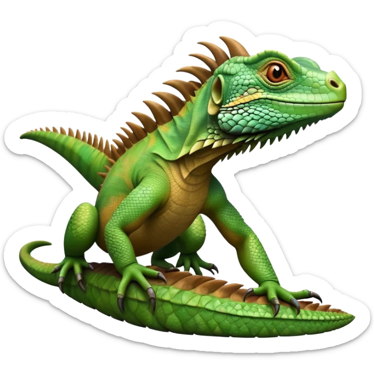 cinematic-iguana-realistic-full-body-basking-emoji,-long-scaly-body-stretched-out,-spiny-ridge-running-down-its-back,-textured-green-and-brown-skin-dappled-with-light,-sharp-intelligent-eyes-studying-the-surroundings sticker