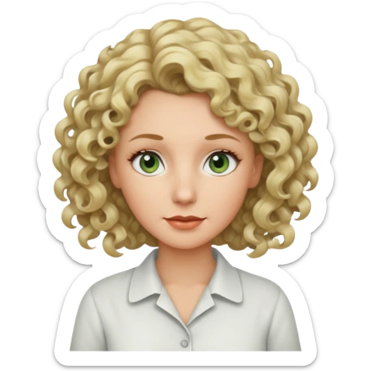 a woman in her late 40s and has greyish greenish eyes and blonde curly hair sticker