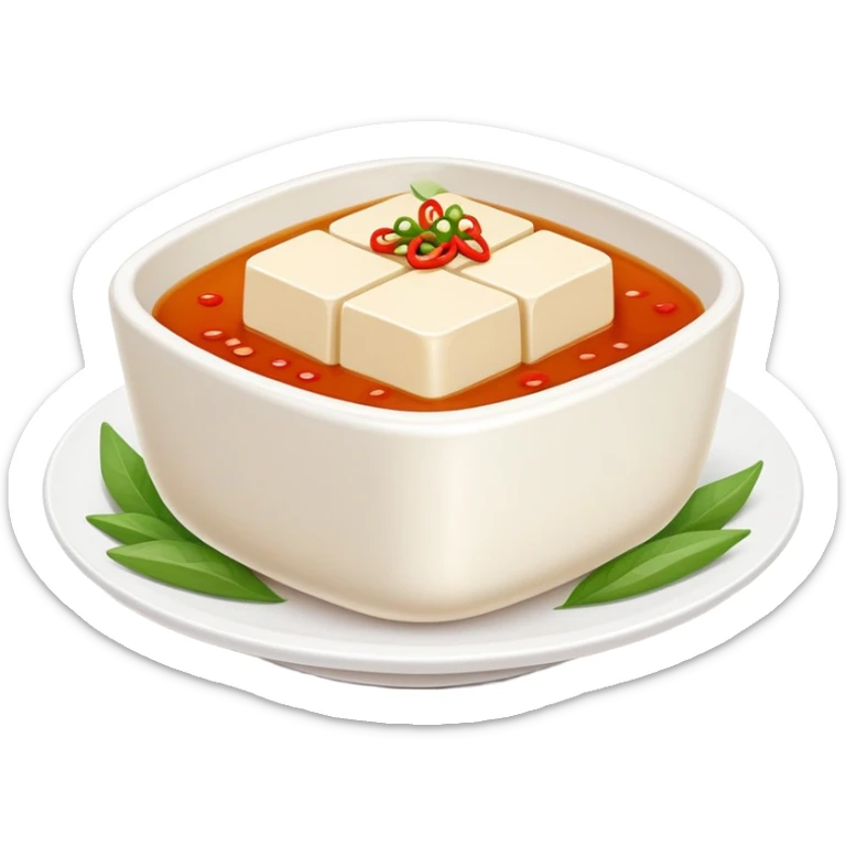Sichuan Doufu Hua soft tofu pudding with spicy sauce, simplified emoji style with bold outlines and bright colors, cartoon style savory tofu dessert sticker