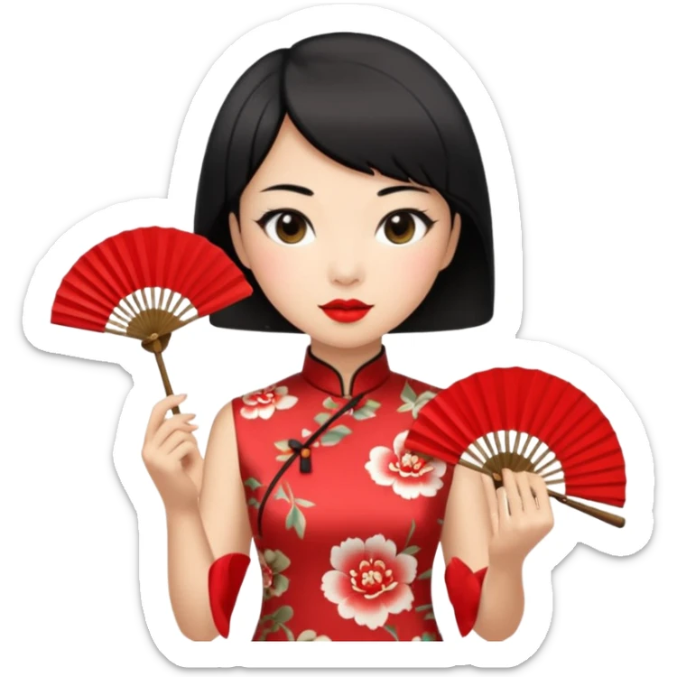 a chinese woman wearing a cheongsam holding a folding fan elegantly with fancy, red lipstick and short black hair sticker