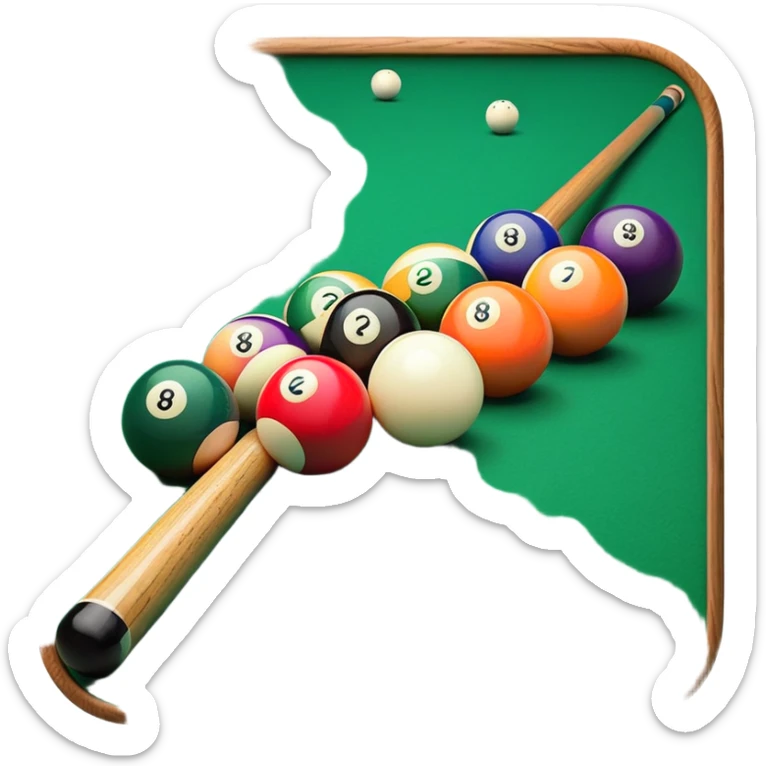 A close-up of a pool cue aimed at a set of colorful billiard balls resting on a green felt table. The focus is on the cue stick and the arrangement of balls, with subtle details of the game’s texture and atmosphere, emphasizing the precision and skill of billiards. sticker