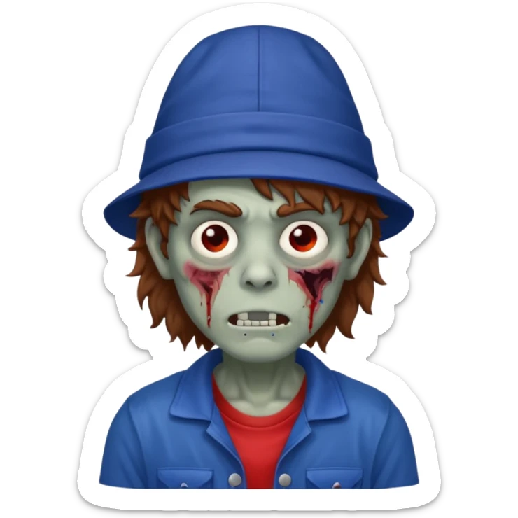 brown fluffy hair zombie with blue and white hat dark blue jilet red t shirt sticker