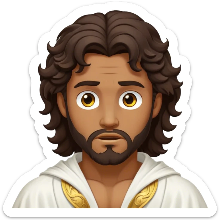 Cinematic Realistic Hercules Portrait, depicted as a classical Greek hero inspired by the Disney version yet echoing the refined proportions and serene dignity of Michelangelo's David. His idealized, sun-kissed bronze skin glows with timeless strength, and his thick, wavy dark hair falls in natural, sculpted curls. Draped in a flowing white robe with delicate golden accents, his expressive eyes radiate determined nobility, all rendered under dynamic natural lighting with a mythic, radiant glow. sticker