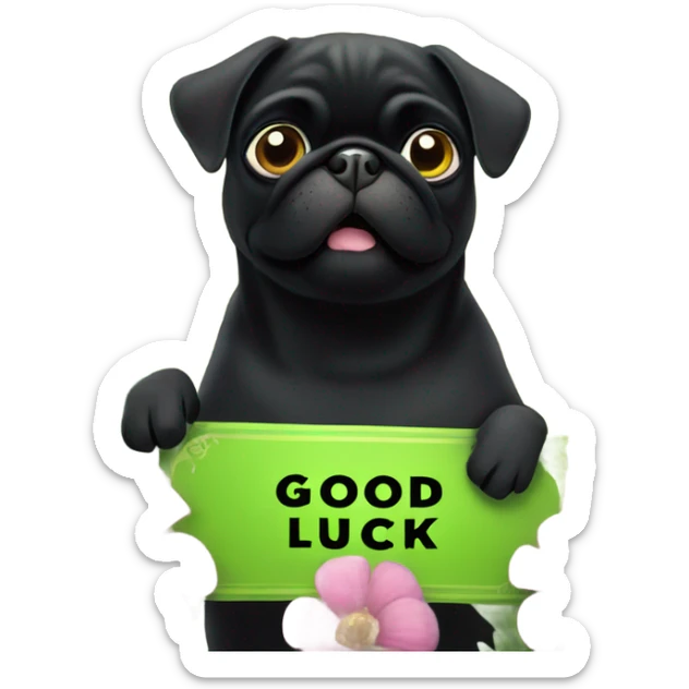 Black pug , surrounded by flowers, holding a green sign that says “good luck”  sticker