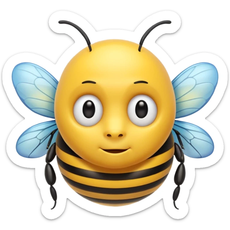 Create a cute emoji-style illustration of a bee with the face of an older man. The bee has a round yellow body with black stripes, small antennae, and light blue wings. Use bold outlines, bright colors, smooth shading, and a glossy sticker-like finish. Transparent or white background. sticker