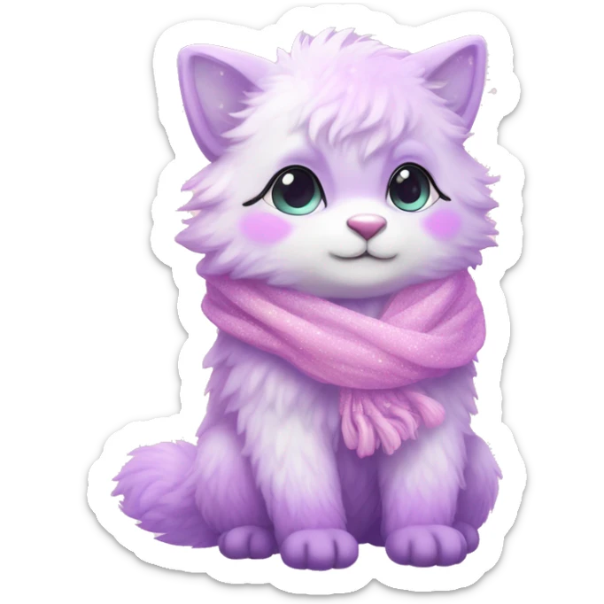 Kawaii cute gorgeous colorful sparkly bright light pastel lilac-pink-white-gradient fantasy ethereal fluffy fursona animal creature with a cute scarf full body sticker