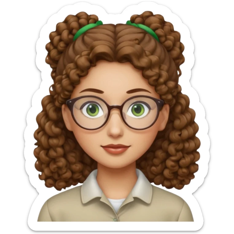 iranian woman, tight curly light brown hair in pony tail, glasses, green eyes, pretty, oval shape face sticker