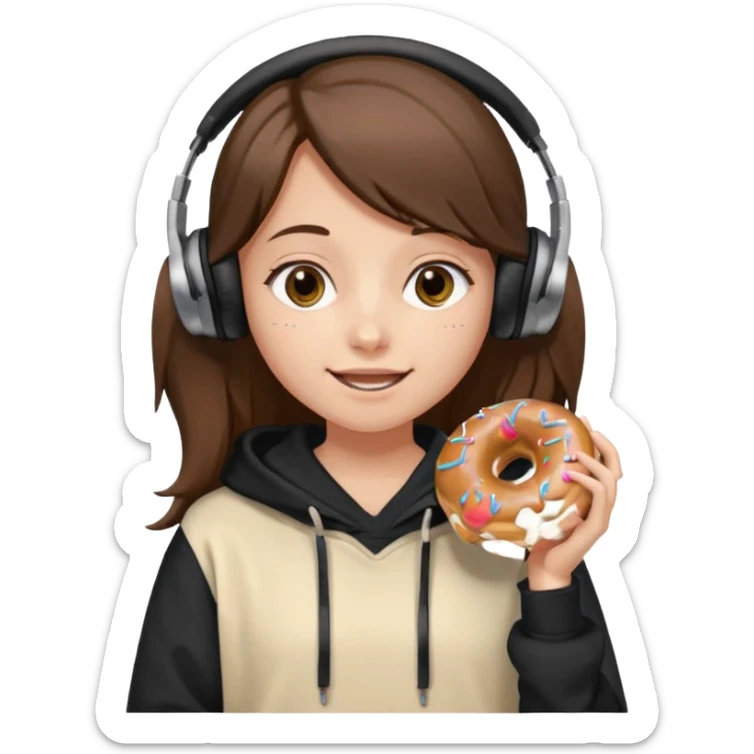 a girl with long brown hair green and wearing black headphones she is wearing a cream coulor baggy hoddie she is happyish holding a donut sticker