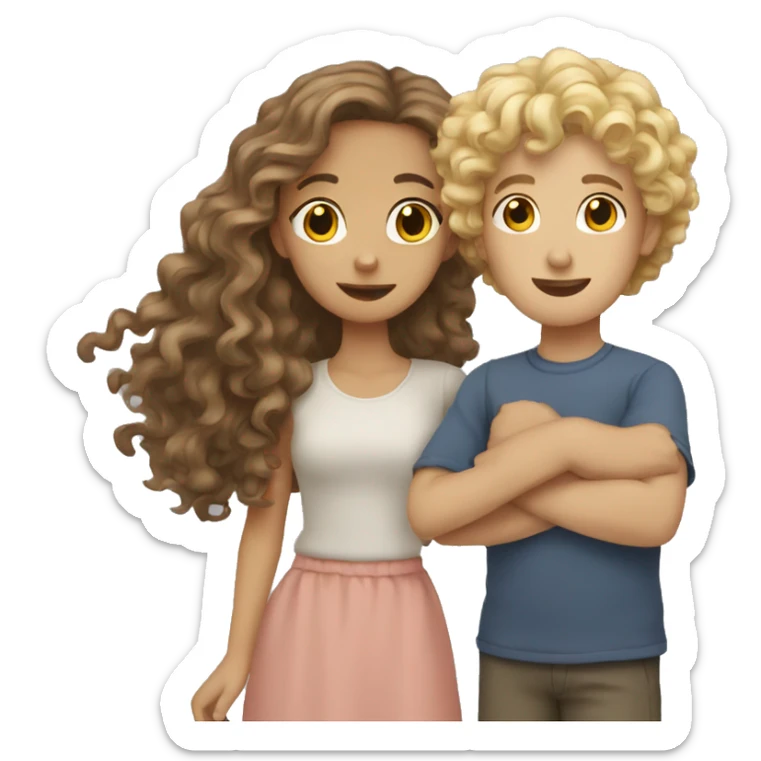 brown hair girl with blonde boy with curly hair holding her sticker