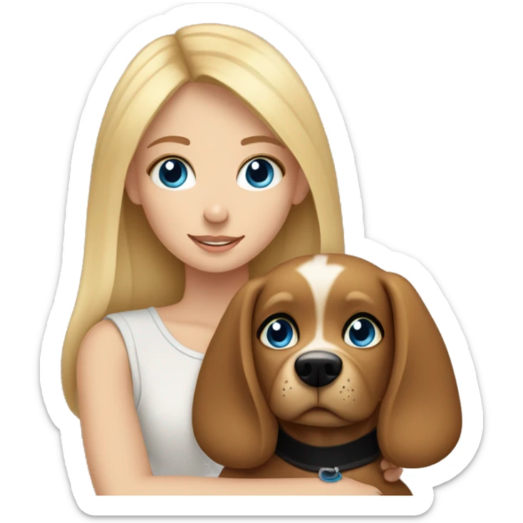 Blond girl with blue eyes cuddles a brown dog with black eyes  sticker