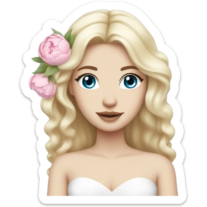 White bride with long light blonde hair and blue eyes with light pink peonies in hair white skin  sticker