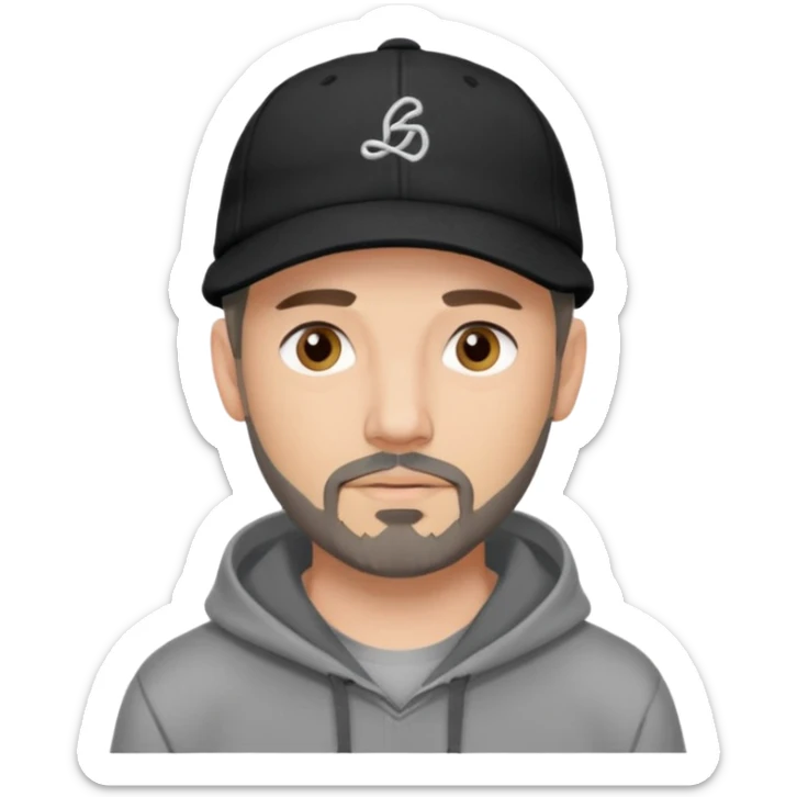 Hombre de ojos claros, con barba fina y perilla, gorra negra bordada, y sudadera gris. Expresión relajada y estilo urbano. sticker