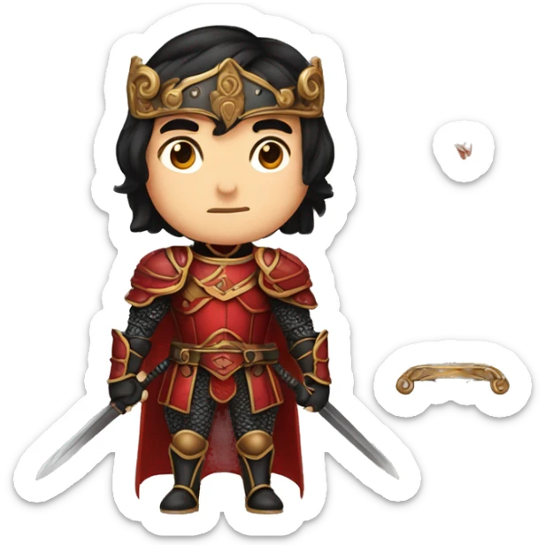 Vintage Tanned man with black hair pointed chin and stern face wearing red and black armour holding sword vintage intricate patterns sticker
