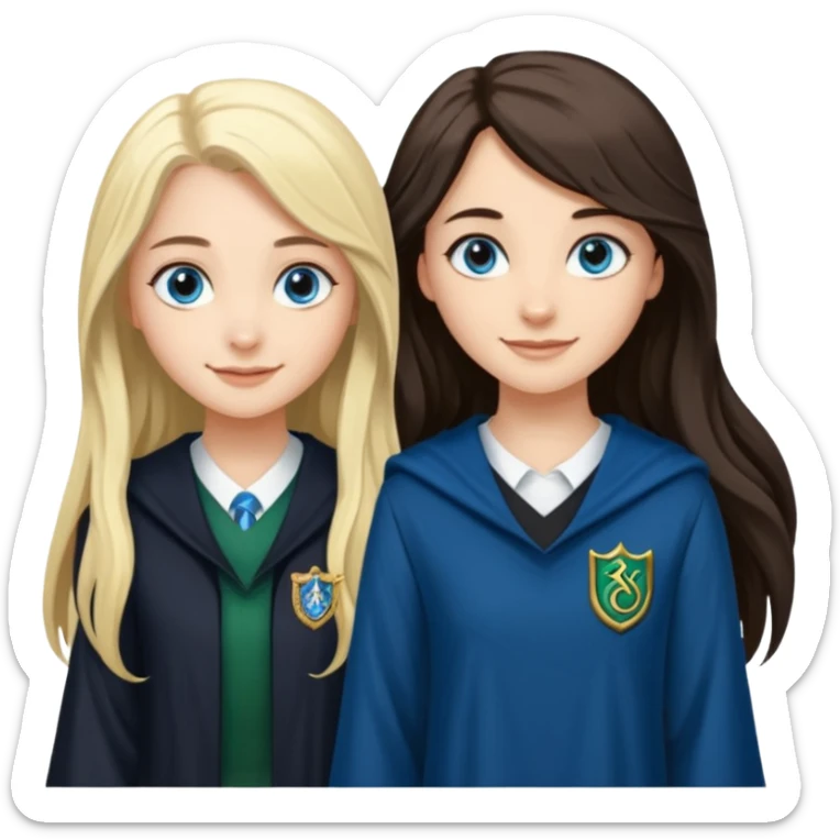 a pretty ravenclaw girl with long dark brown hair and blue eyes standing with a pretty Slytherin girl with long blonde hair, blue eyes sticker