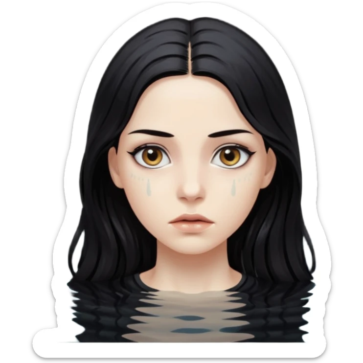 Woman submerged in black water, wet skin and eyes above surface, silent invitation sticker