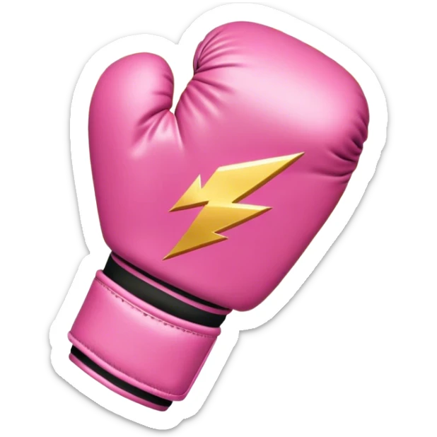 pink boxing glove with golden lightning bolts, female symbol ♀ on the backhand, sparkling stardust particles in the background sticker