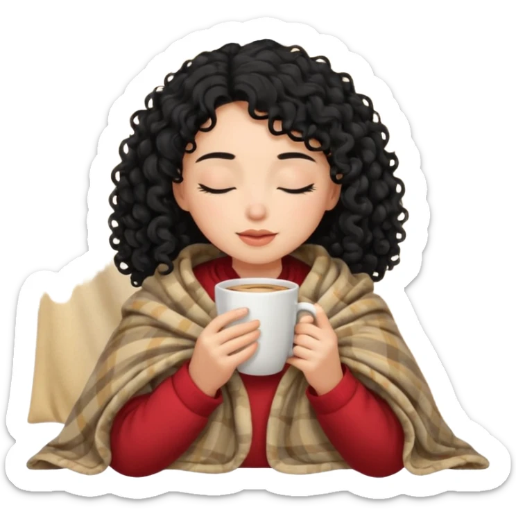 girl with black curly hair inside a blanket sipping coffee eyes closed sticker