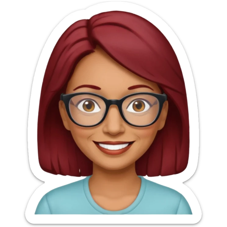 Beautiful, hispanic, female, older,  mom, dark red hair color, glasses, smiling sticker