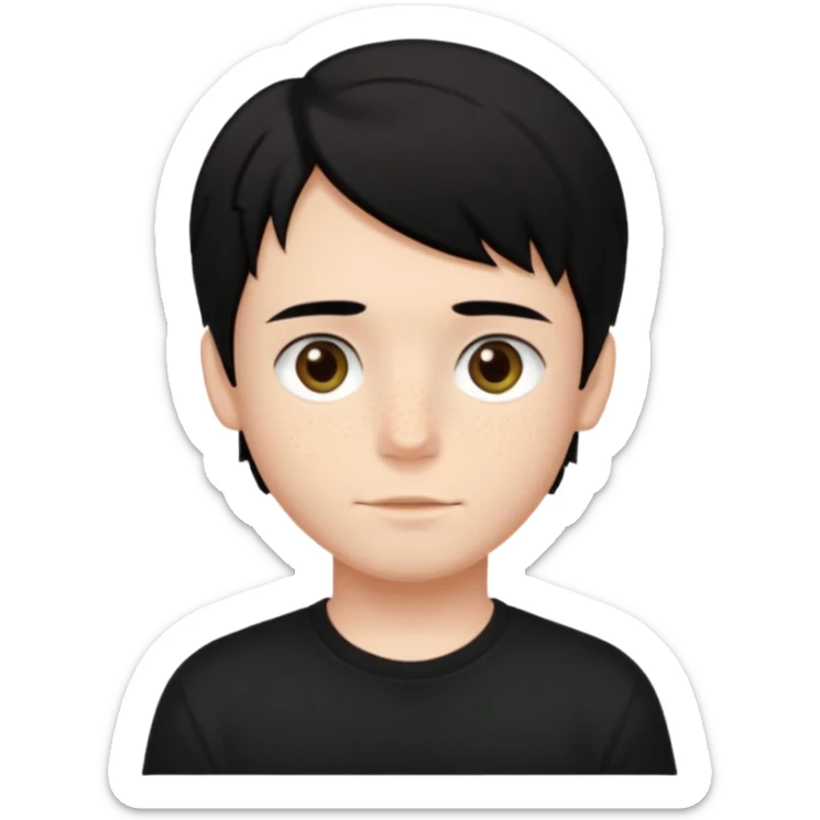 A beautiful boy with black hair and hazel green and brown eyes and white skin , with dark freckles and black t shirt with HAIRCUT: middle part hair hair with a center part haircut  sticker