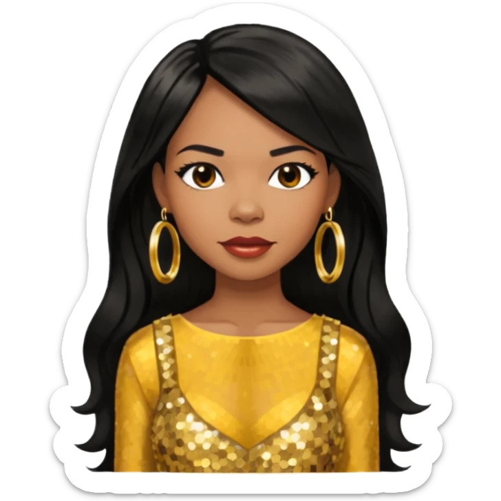 Michelle Williams R&B Singer, Long Black Hair, Medium Dark Skin, Brown Eyes, Gold Dress with earrings sticker