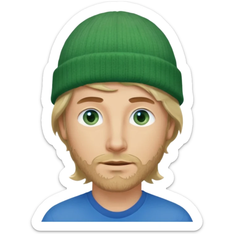 white man, mid thirties, blue eyes, mid length wavy hair, green beanie hat, stubble, face only sticker