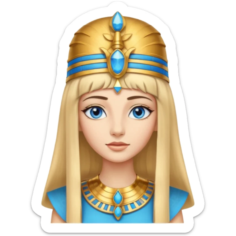 Cleopatra vestita da faraone con il cappello da faraone ma con gli occhi azzurri e i capelli lunghi biondi non troppo chiari con il cappello da faraone dorato senza frangia capelli medio lunghi   sticker