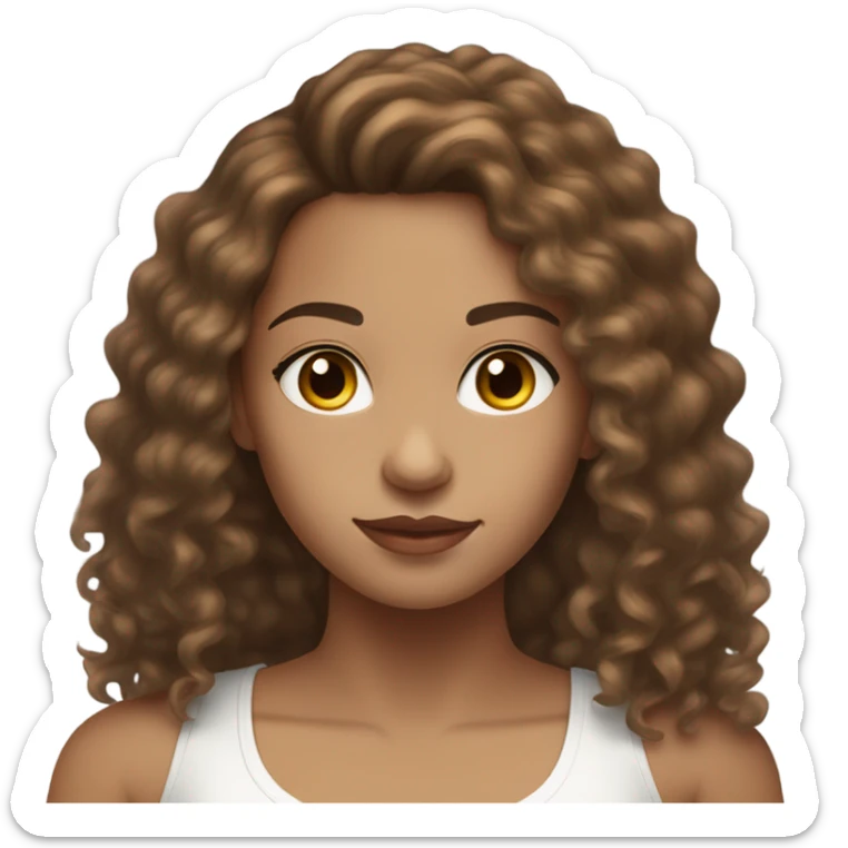a light skin bi racial young woman with long brown curly hair dark brown eyes in a white tank top sticker