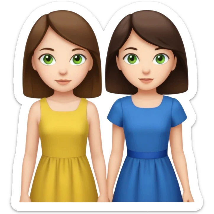 A brunette sister with green eyes and a brunette sister with green eyes in different clothes standing happily sticker