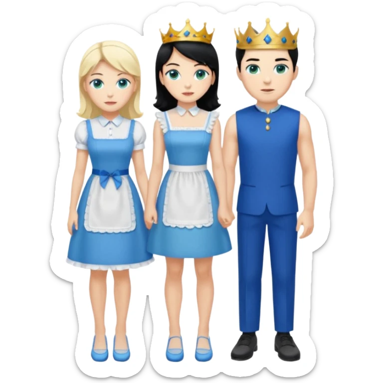 King, black hair, body, legst, blue eyes, blue garmont,  shoes, blonde maid, green eyes, sexy short sleveless White dress, shoes sticker