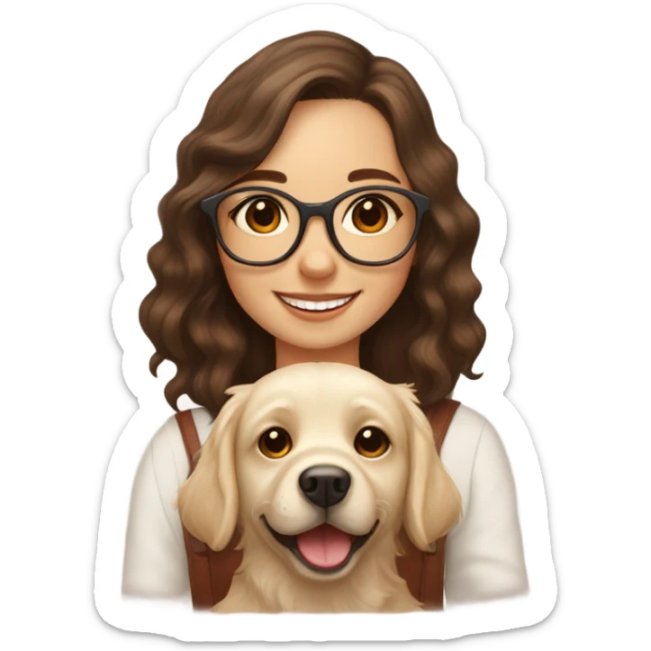 Smiling girl with long dark wavy brown hair and red glasses next to a shaggy beige Labrador puppy sticker