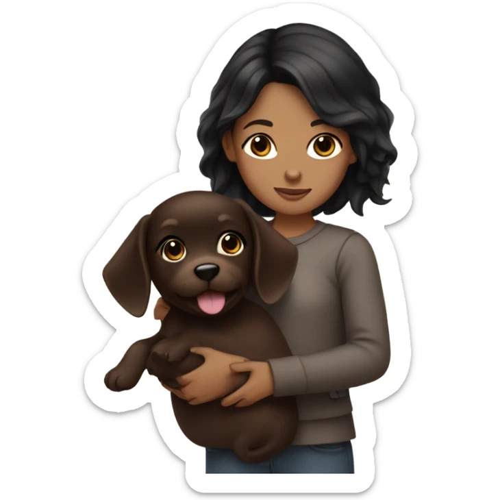 girl with black hair holding chocolate brown puppy  sticker