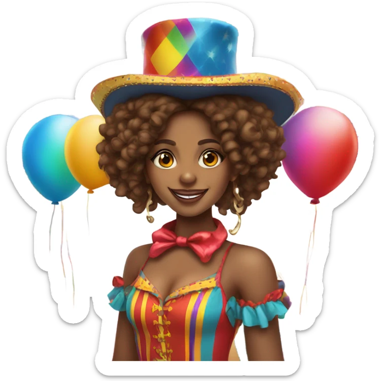 Brown Girl with long curly hair top hat colorful circus sticker