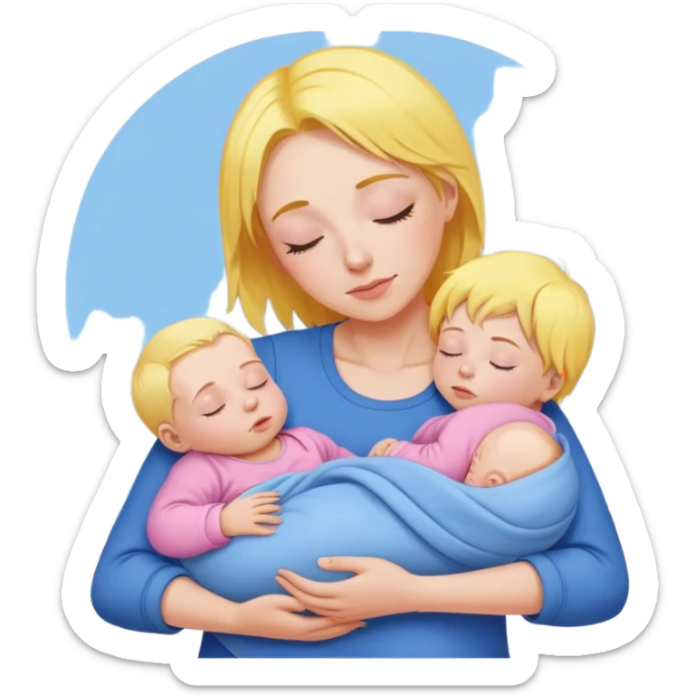 Mother is holding a baby, the mother has yellow hair and pink clothes, the baby is sleeping in blue clothes sticker