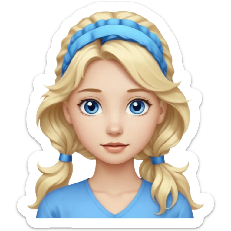 A pale girl with blue eyes and long and blonde , wavy hair in a pony tail sticker