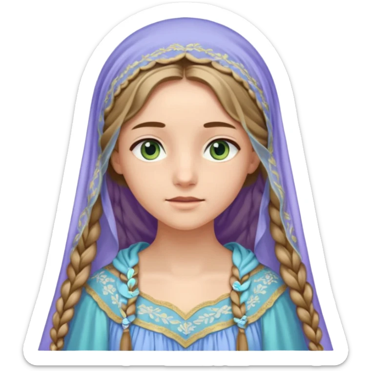 Joven de unos 20 años, de aspecto dulce y elegante.
Piel clara, ojos expresivos (pueden ser azules o verdes)
Rubio o castaño claro, largo, con trenzas o velo.
Vestido largo de tonos suaves (blanco, azul o lavanda), con bordados dorados; un manto o toca fina cubriendo la cabeza. sticker