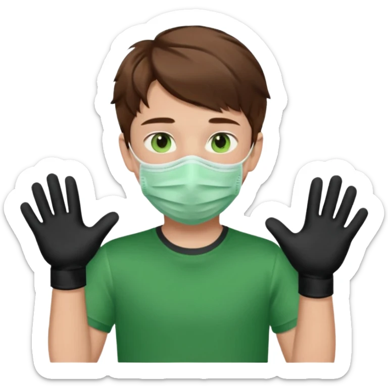 Chico de pelo marrón y ojos verdes, con un cubre boca, que tiene una camisa verde por encima de una remera blanca, y tiene un guante negro en una sola de las manos. Estilo animado sticker